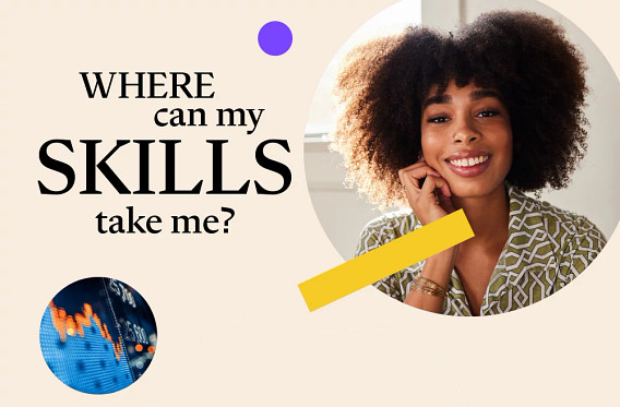 Screenshot of the infographic - woman smiling at the camera with the header 'Where can my skills take me?'