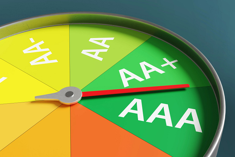 Gas gauge having indicator of financial credit ratings and having a pointer near AAA rating.
