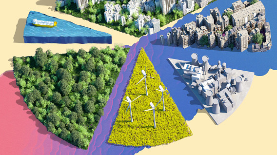 An aerial view showcases a segmented landscape divided into four distinct sections, each representing different environments. The areas include a lush green forest, a body of water with a boat, a cityscape with buildings, and a section featuring wind turbines on a yellow landscape.