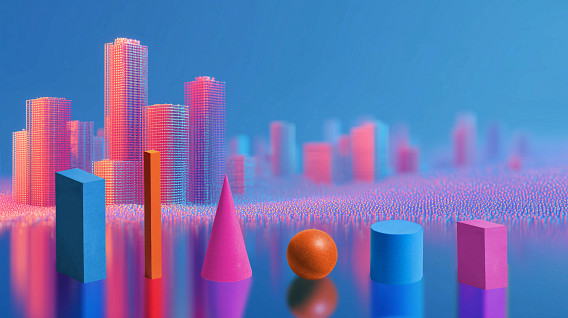 A vibrant and surreal cityscape with glowing pink and blue skyscrapers in the background, composed of abstract, grid-like patterns. In the foreground are colorful geometric shapes—blue rectangular prism, orange rectangular prism, magenta cone, orange sphere, blue cylinder, and magenta cube—arranged on a reflective surface that mirrors the shapes and the cityscape. The scene has a futuristic and artistic atmosphere.