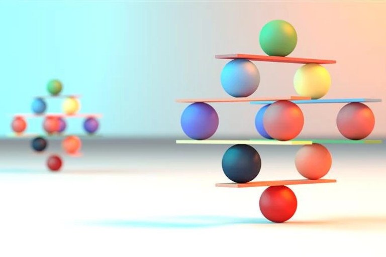 Jenga game color block tower with balls.